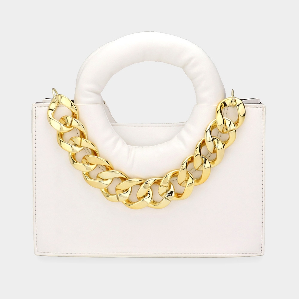 Gold & White Leather 2 in 1 Tote & Crossbody Bag Purse Cute Womens Chain Link